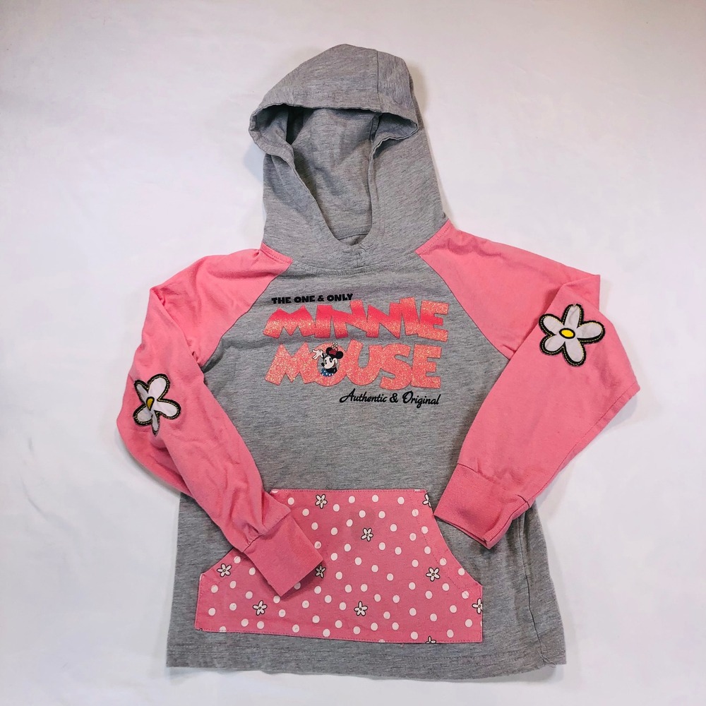 Disney Parks Minnie Mouse Girls Gray Pink Raglan Hoodie Sweatshirt Size M